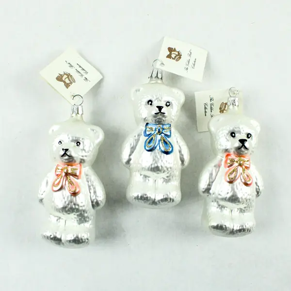 Lot of 3 European Trading Co Silver Teddy Bear Glass Ornaments 4.5" Tall VG