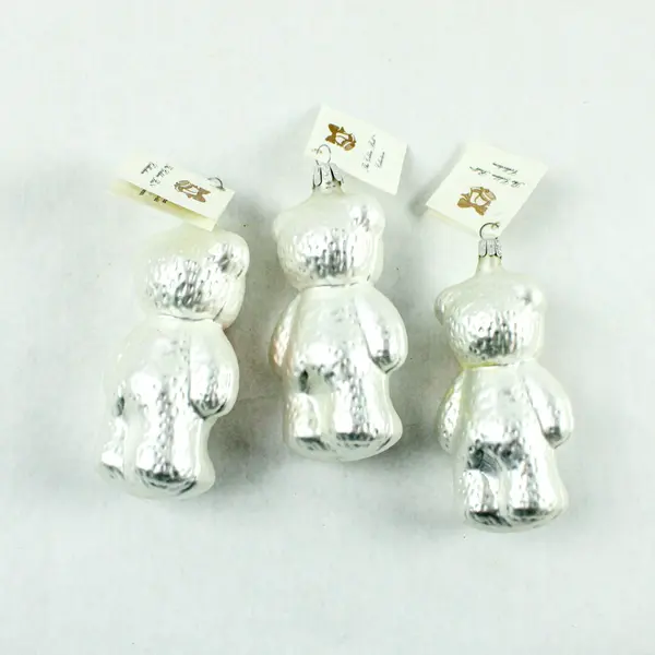 Lot of 3 European Trading Co Silver Teddy Bear Glass Ornaments 4.5" Tall VG