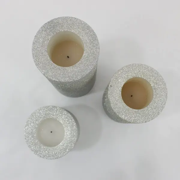 Set of 3 Silver Sparkly Battery-Operated Pillar Candles Tested Working