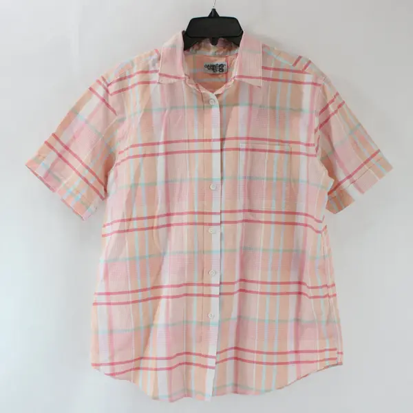 Cabin Creek Women's 3X Plaid Button-Up Shirt Orange/Pink Wrinkle-Free
