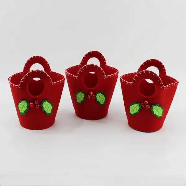 Set of 3 Red Felt Christmas Baskets Holly Bell Holiday Decor