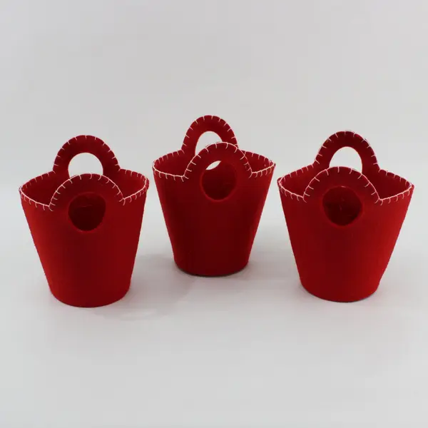 Set of 3 Red Felt Christmas Baskets Holly Bell Holiday Decor
