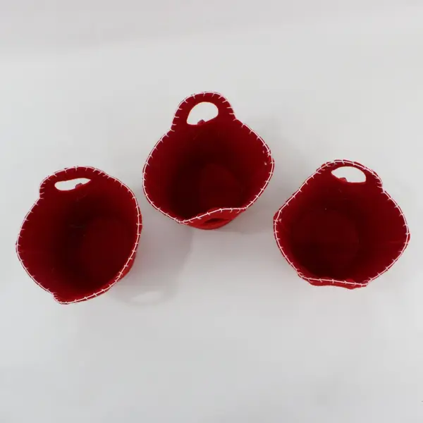 Set of 3 Red Felt Christmas Baskets Holly Bell Holiday Decor