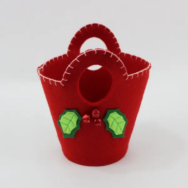 Set of 3 Red Felt Christmas Baskets Holly Bell Holiday Decor