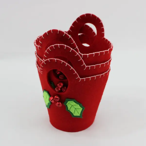 Set of 3 Red Felt Christmas Baskets Holly Bell Holiday Decor