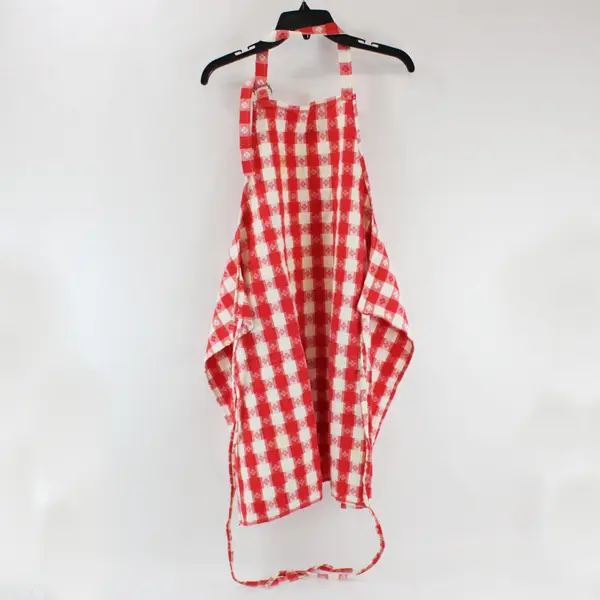Red White Plaid Knit Bib Apron Adjustable Neck Waist Ties
