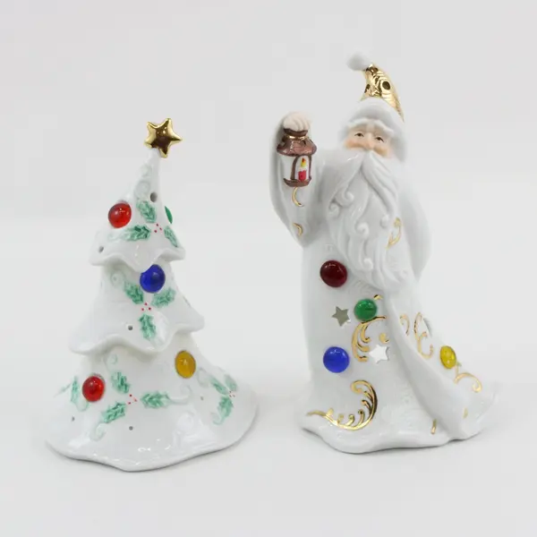 Set of 2 White Porcelain Tealight Holders Santa Christmas Tree