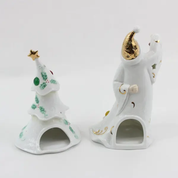 Set of 2 White Porcelain Tealight Holders Santa Christmas Tree