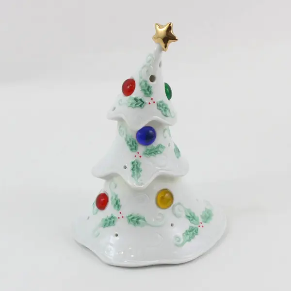 Set of 2 White Porcelain Tealight Holders Santa Christmas Tree