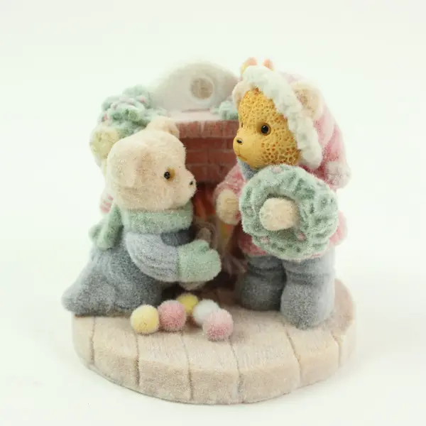 Flocked Teddy Bears Christmas Figurine 2.5in Holiday Decor