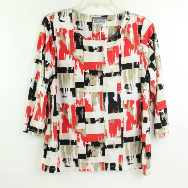 JM Collection Women's Multicolor Geometric 3/4 Sleeve Top Petite L