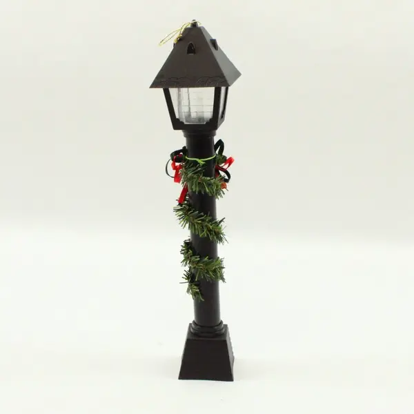 Christmas Lamp Post Tabletop Decoration Lantern Wreath 11.5in Black