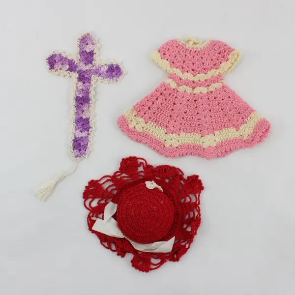 Lot of 3 Handmade Crochet Decor Pink Dress Purple Cross Red Doily