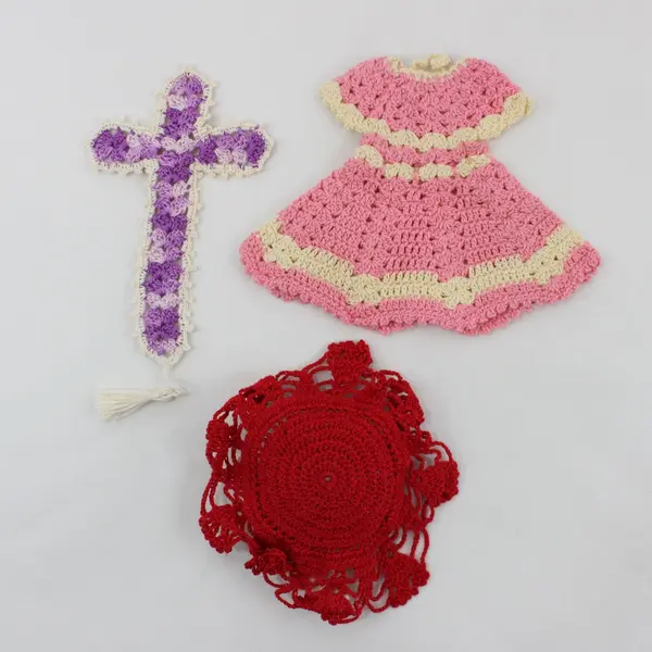 Lot of 3 Handmade Crochet Decor Pink Dress Purple Cross Red Doily