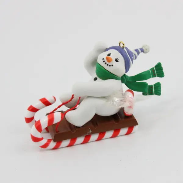 Vintage 1993 Enesco Sleddin' Mr. Snowman Christmas Ornament 3.5 in