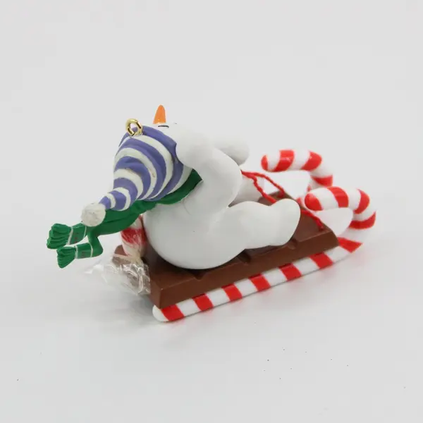 Vintage 1993 Enesco Sleddin' Mr. Snowman Christmas Ornament 3.5 in