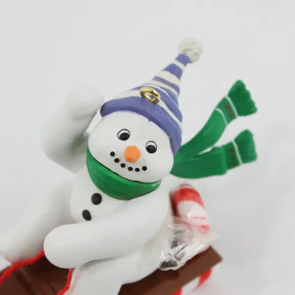 Vintage 1993 Enesco Sleddin' Mr. Snowman Christmas Ornament 3.5 in