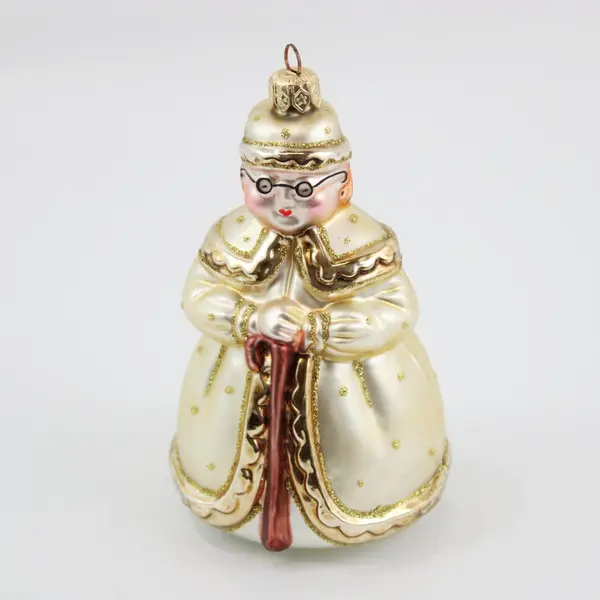 Vintage Poland Hand Blown Mrs Claus Christmas Ornament Gold 5.5" Tall W/Glasses