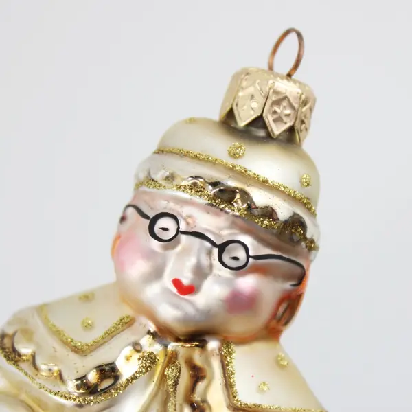 Vintage Poland Hand Blown Mrs Claus Christmas Ornament Gold 5.5" Tall W/Glasses