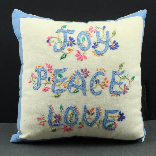 Unique Fibers Inc. Small Embroidered "Joy Peace Love" Pillow, 8.8"x8.8"  