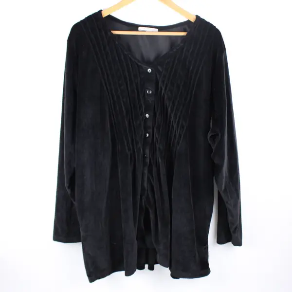 Woman Within Women's Plus 2X Black Velour Button-Up Top Long Sleeve