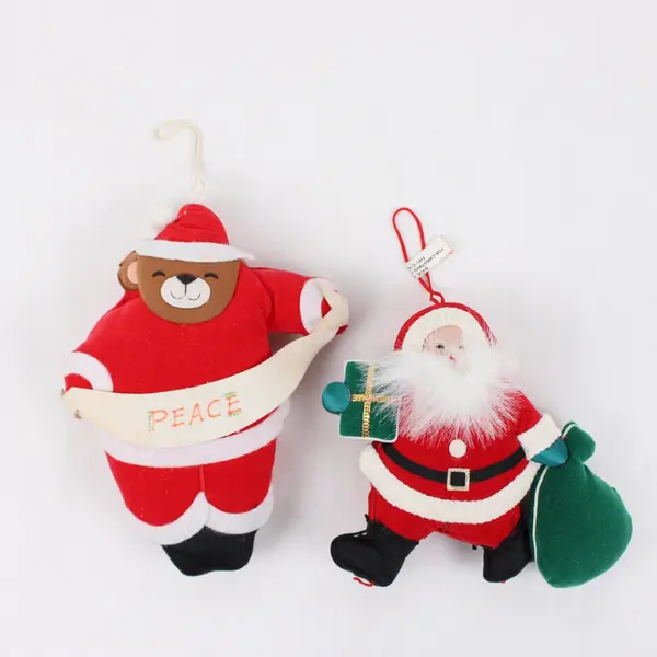 Pair of Vintage Plush Santa Claus & Bear Hanging Christmas Tree Ornaments