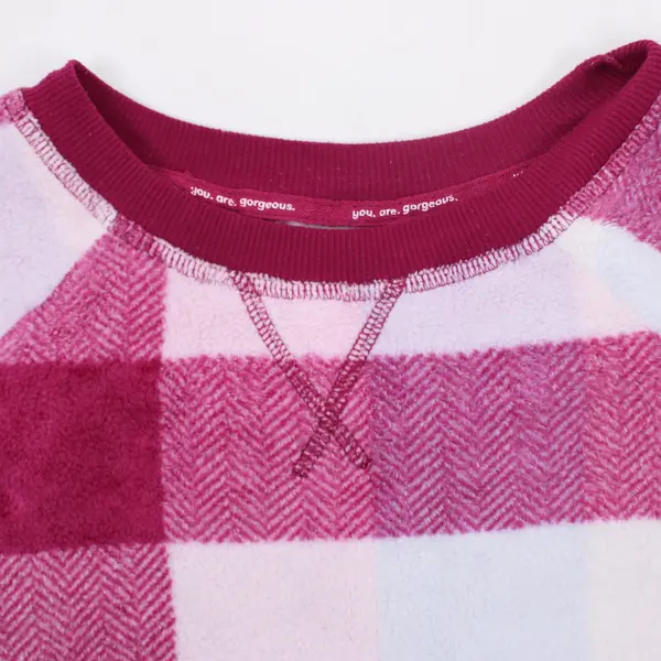 Joyspun Women's Magenta Pink Blue Plaid Fleece Crewneck Sweater M 8-10