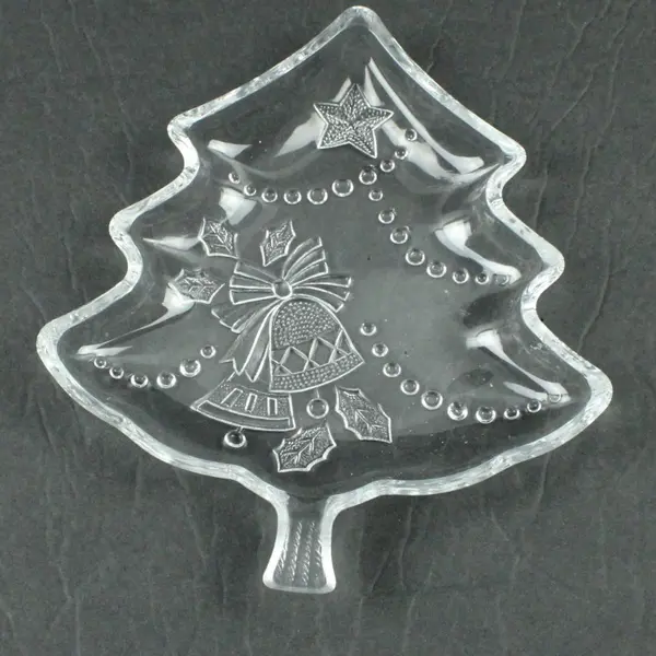 Clear Glass Christmas Tree Serving Dish 7.5 in Star Bell Details