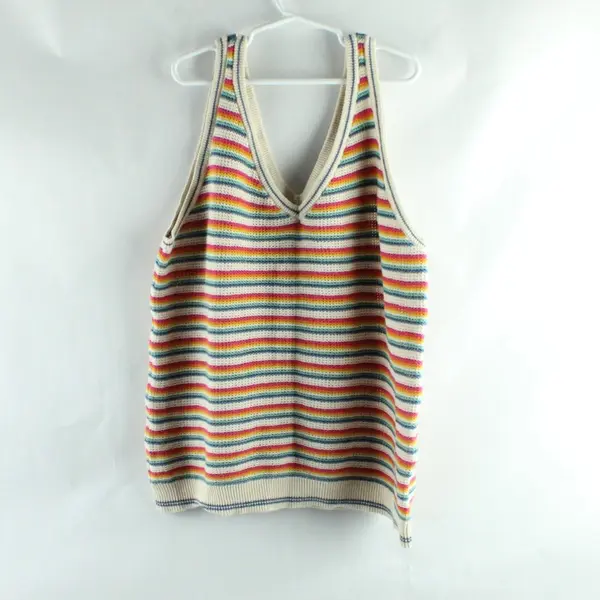Jak & Rae Women's Knit V-Neck Tank Top Beige Rainbow Stripe XL
