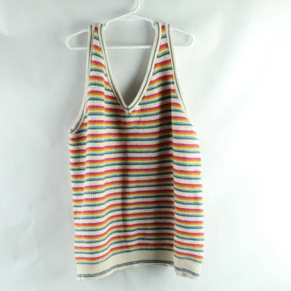 Jak & Rae Women's Knit V-Neck Tank Top Beige Rainbow Stripe XL