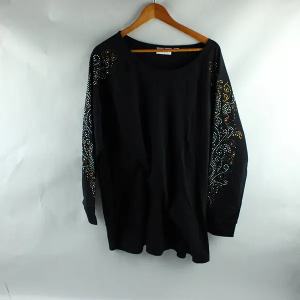 Quacker Factory By Jeanne Bice Black Long Sleeve Bedazzled Sleeves Top 2X