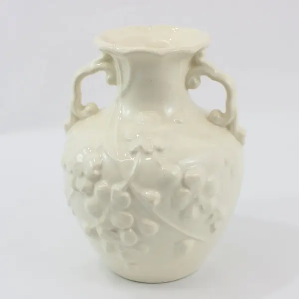 White Ceramic Handled Vase Embossed Floral Pattern 8 Inch