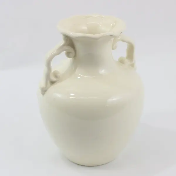 White Ceramic Handled Vase Embossed Floral Pattern 8 Inch