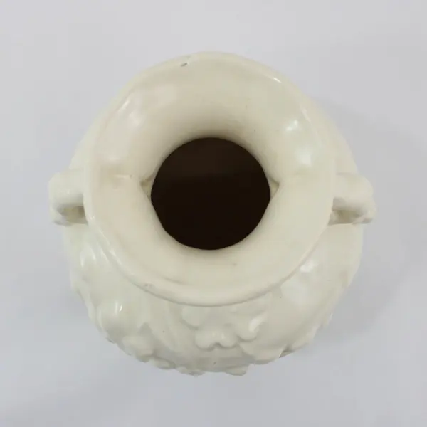 White Ceramic Handled Vase Embossed Floral Pattern 8 Inch