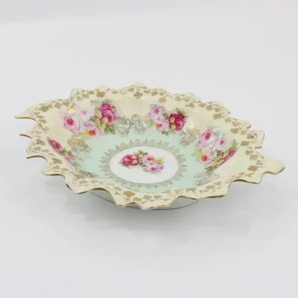 Vintage Cream and Green Oval Rose Pattern Bowl Gold Floral Trim Scalloped Rim