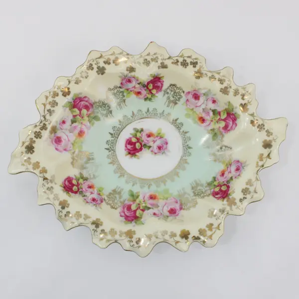 Vintage Cream and Green Oval Rose Pattern Bowl Gold Floral Trim Scalloped Rim
