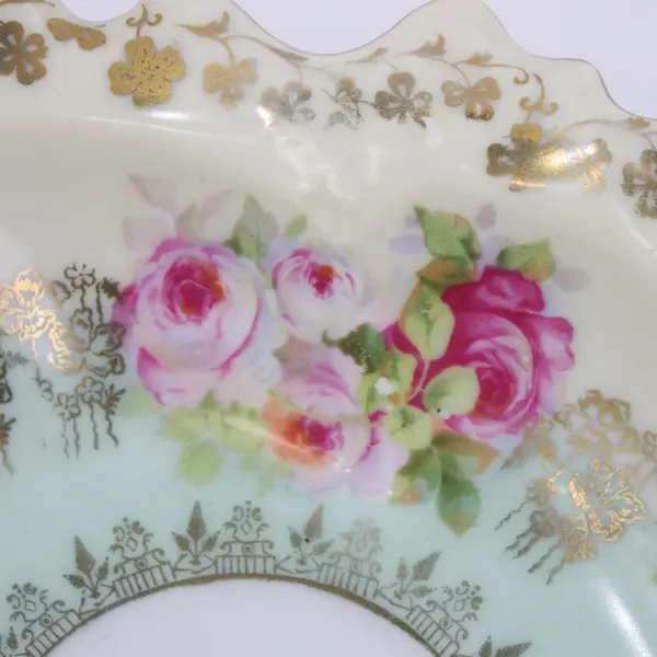 Vintage Cream and Green Oval Rose Pattern Bowl Gold Floral Trim Scalloped Rim