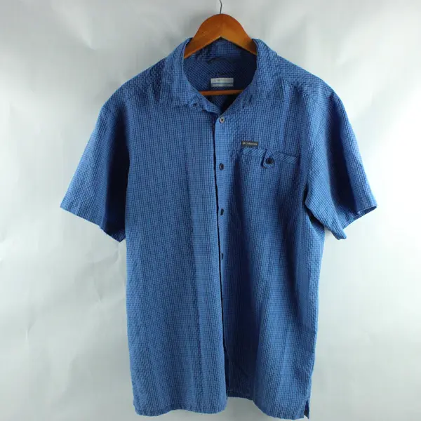 Columbia Omni-Shade Men's M Blue Plaid Short Sleeve Button Down Shirt