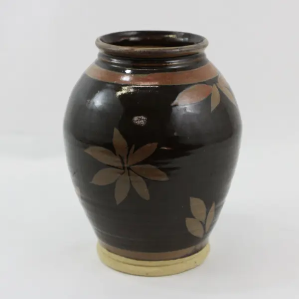 Handmade Ceramic Vase Brown Tan Floral Pattern 9.5 Inch