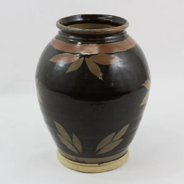 Handmade Ceramic Vase Brown Tan Floral Pattern 9.5 Inch