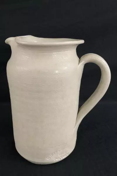 Handmade Art Pottery Pitcher Gray Blue Leaves Jug 6in Tall Handle Spout