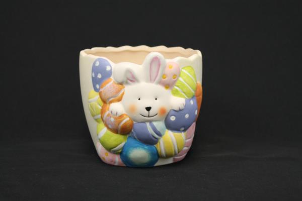 Easter Bunny With Decorated Eggs 4" Hand Painted Ceramic Planter Spring Decor
