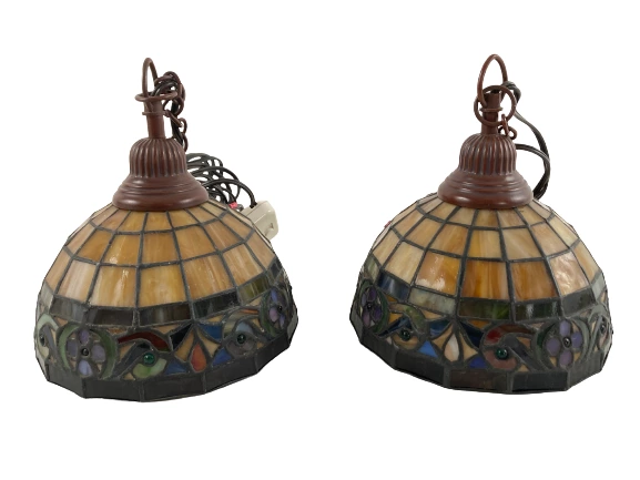 Pair of Tiffany Style Electric Stained Glass Hanging Lamps With Dimmer Switches