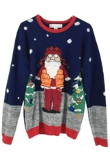 Jolly Sweaters Christmas Sweater Unisex Medium Navy Blue Santa Snow Ornaments