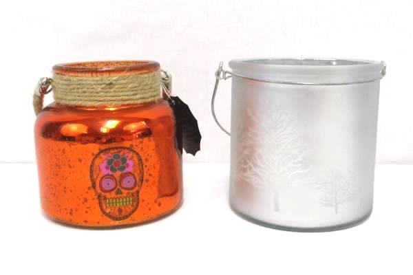 Lot of 2 Votive Candle Holder Christmas Winter Tree Halloween Day of Dead Skull