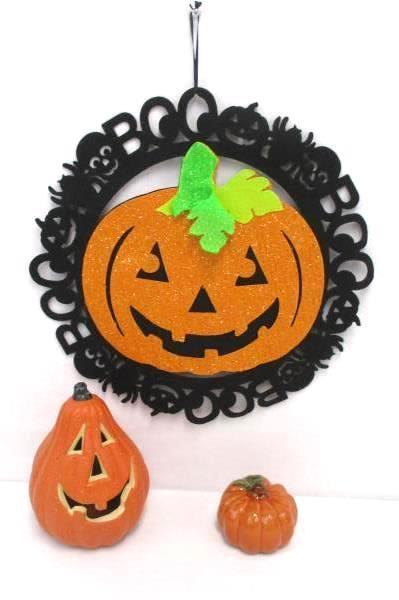 Lot of 3 Halloween Decor Glitter Pumpkin Figure Statues Door Mat Wall Hang