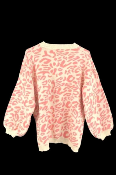 Vintage Women's XL Knit Sweater Pink White Animal Print Long Sleeves