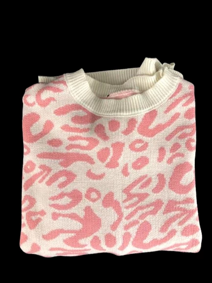 Vintage Women's XL Knit Sweater Pink White Animal Print Long Sleeves