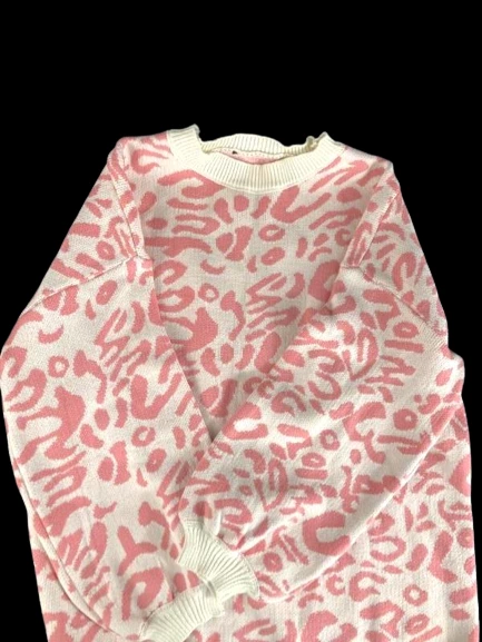 Vintage Women's XL Knit Sweater Pink White Animal Print Long Sleeves