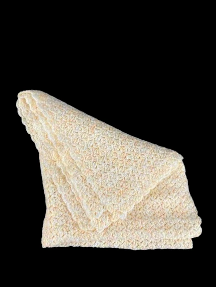 Vintage Handmade Baby Blanket Peach Yellow White Crochet Scalloped Edges 32"